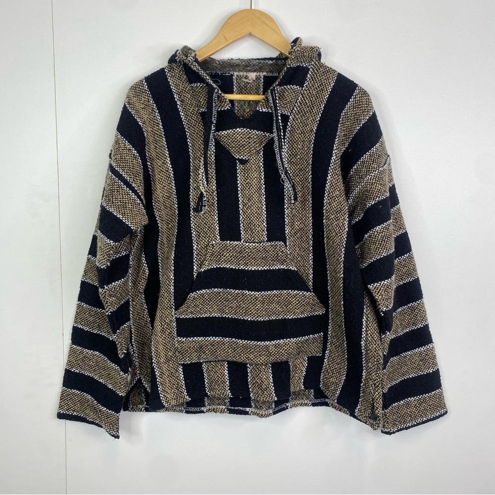 Vintage Large Pullover Poncho Drug Rug Woven Longsleeve Hooded